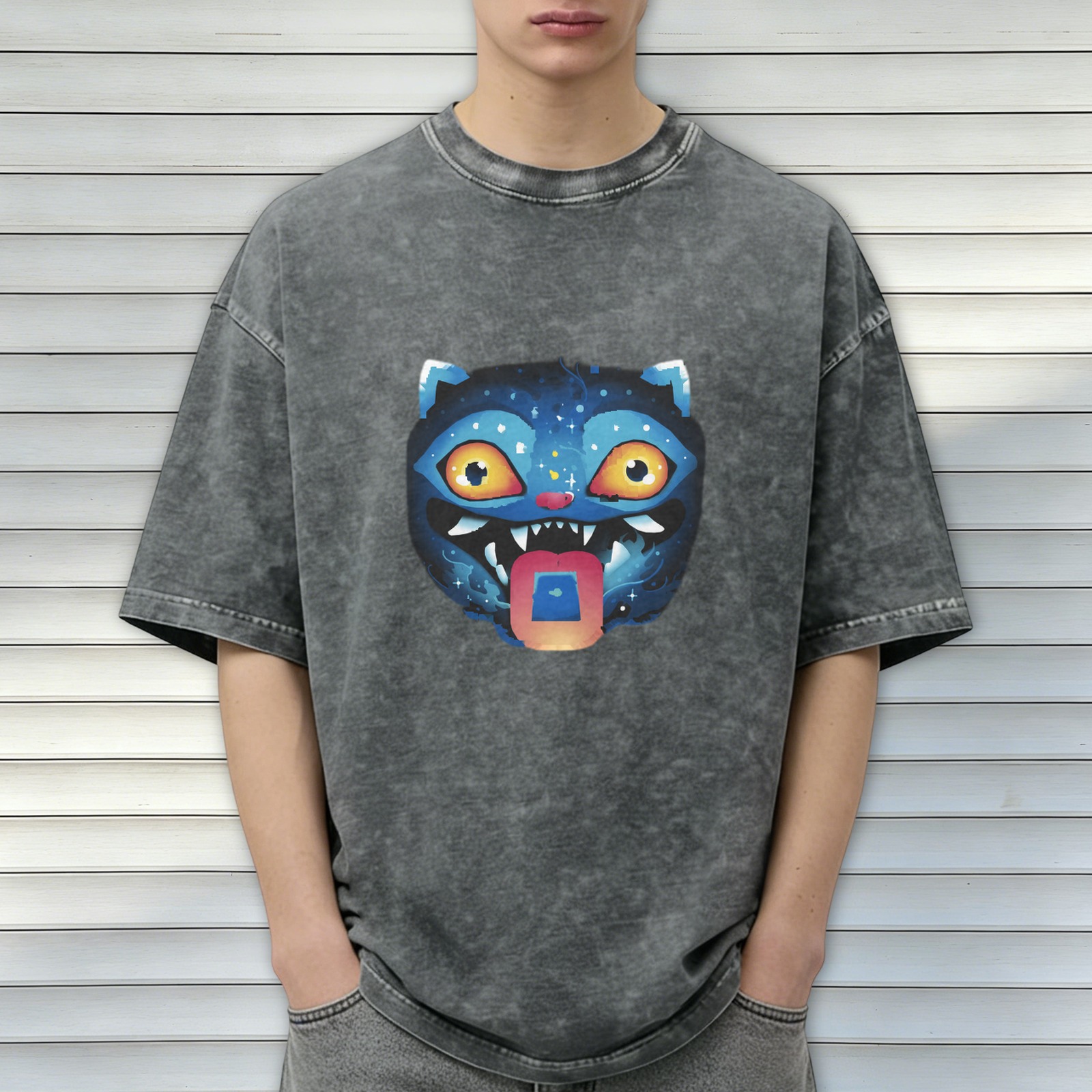 Oversized Acid Wash T-Shirt With Cosmic Blue Monster Cat Graphic