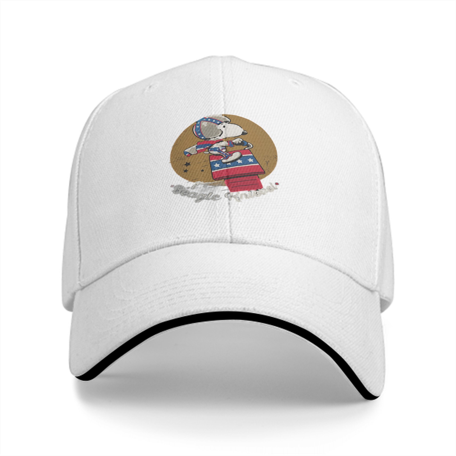 Black baseball cap with Snoopy Beagle Knievel stunt graphic
