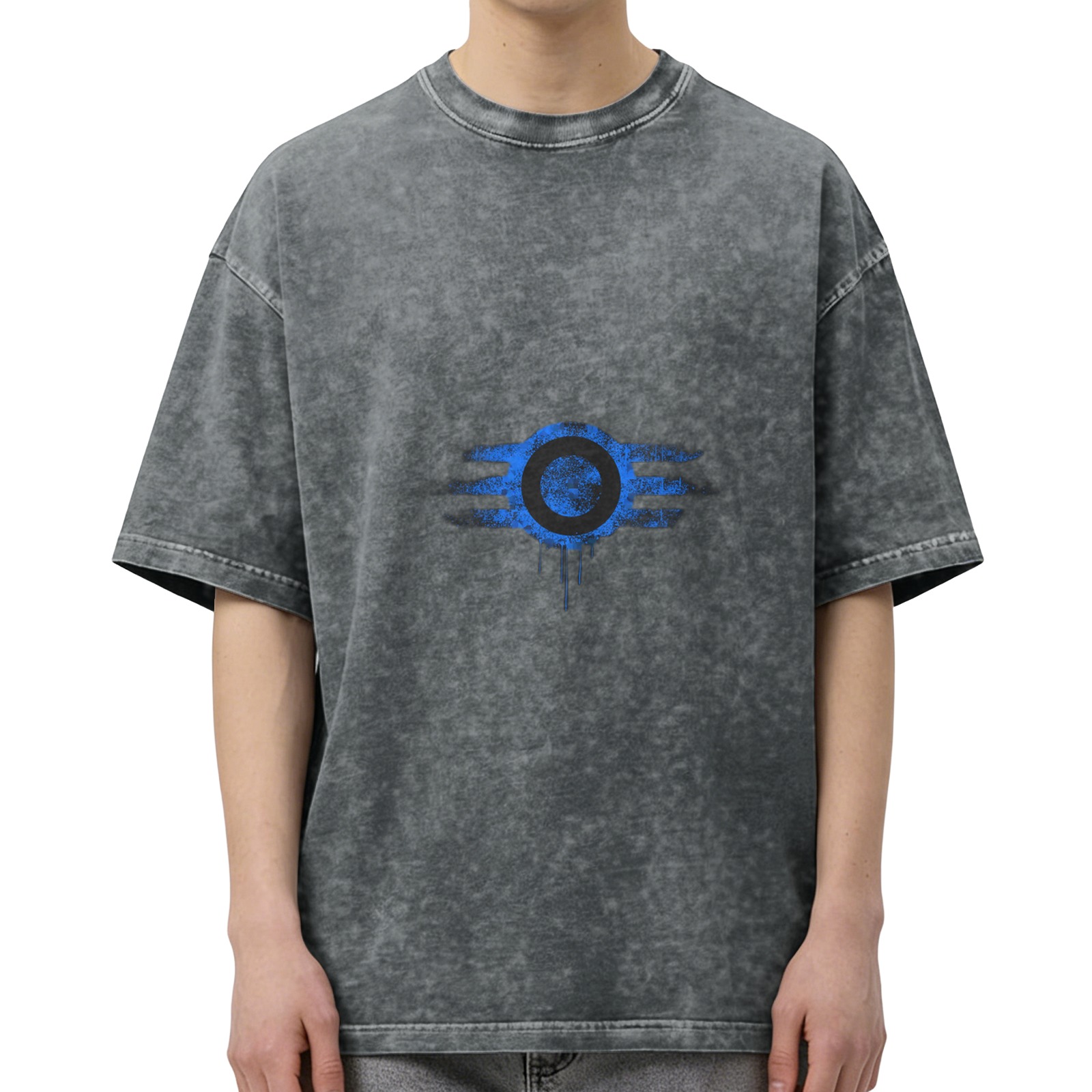 Washed Black Oversized T-Shirt With Blue Distressed Eye Graphic