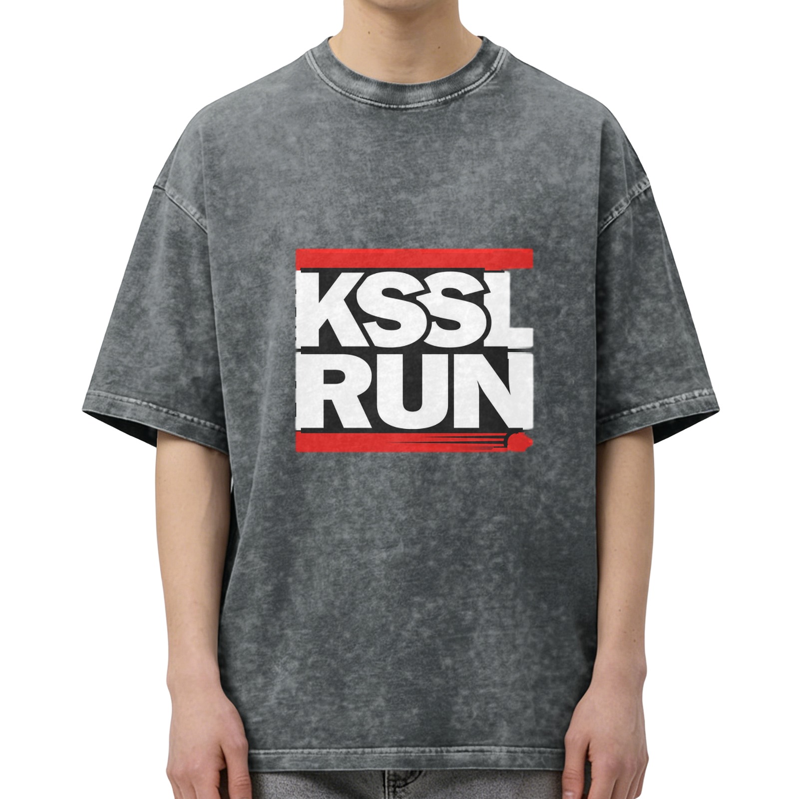 Oversized acid wash t-shirt with KSSL RUN graphic print