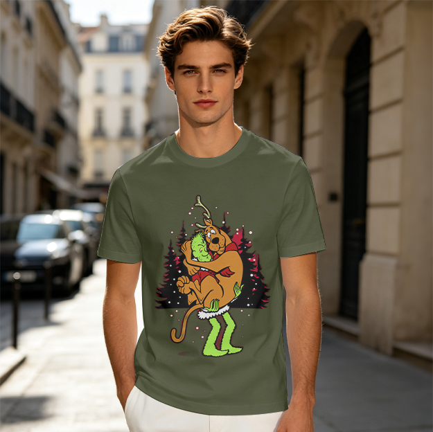 Olive Christmas T-Shirt Featuring Scooby-Doo Hugging The Grinch