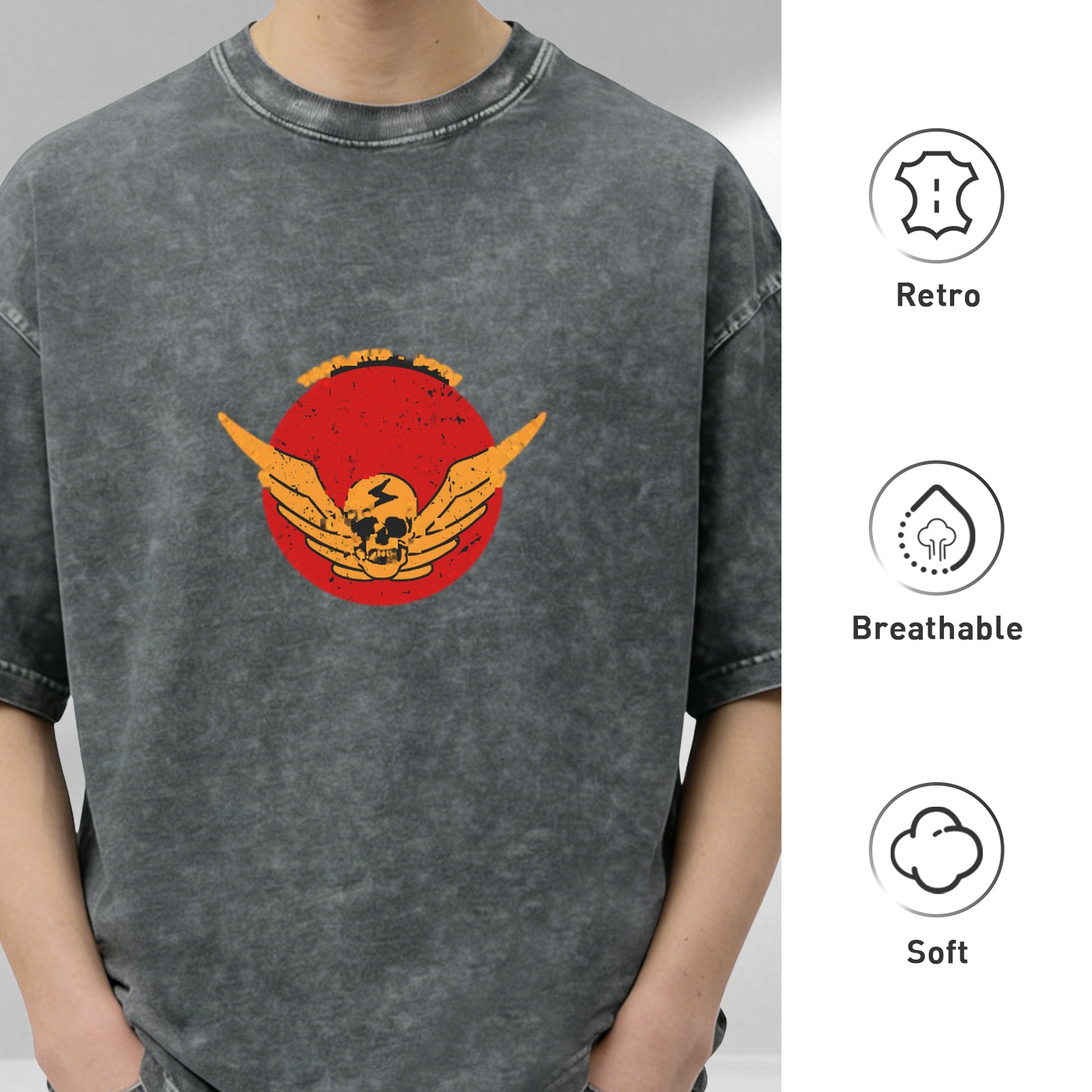 Washed Black Graphic T-Shirt with Winged Skull Red Circle Design