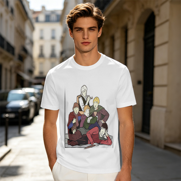 Olive T-shirt with Group of Fantasy Characters Graphic Print