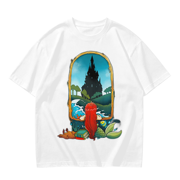 Olive T-Shirt With Mermaid Looking At Castle Art Print