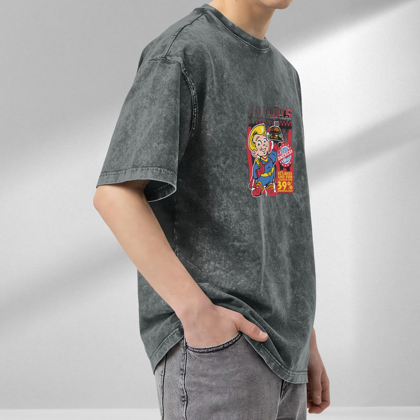 Vintage Acid Wash T-Shirt With Retro Fast Food Superhero Print