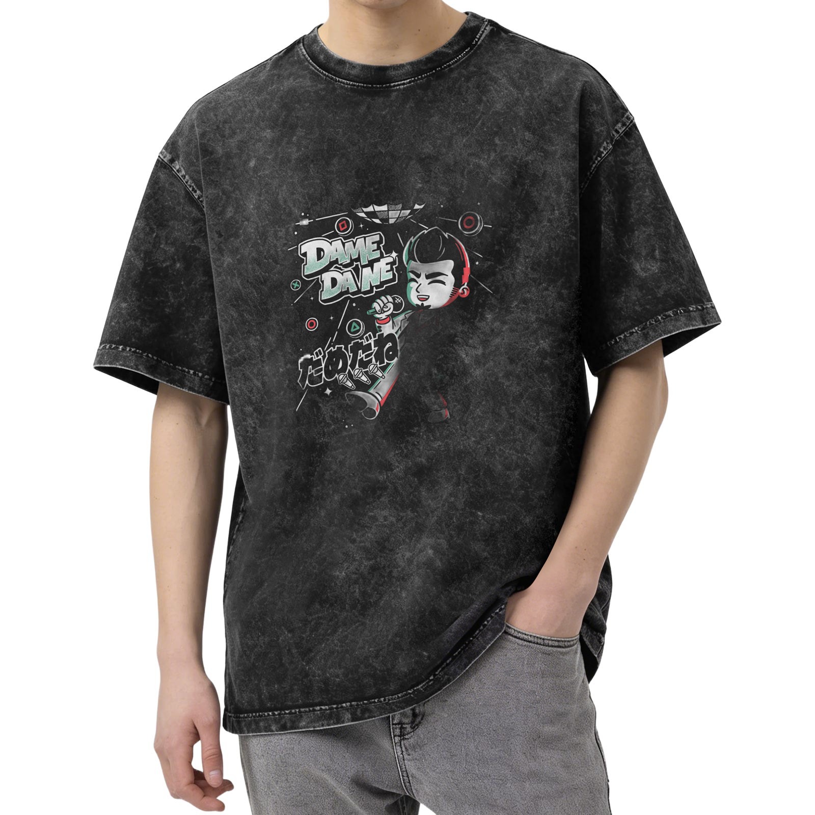 Washed black graphic t-shirt with Dame Dane anime-style print