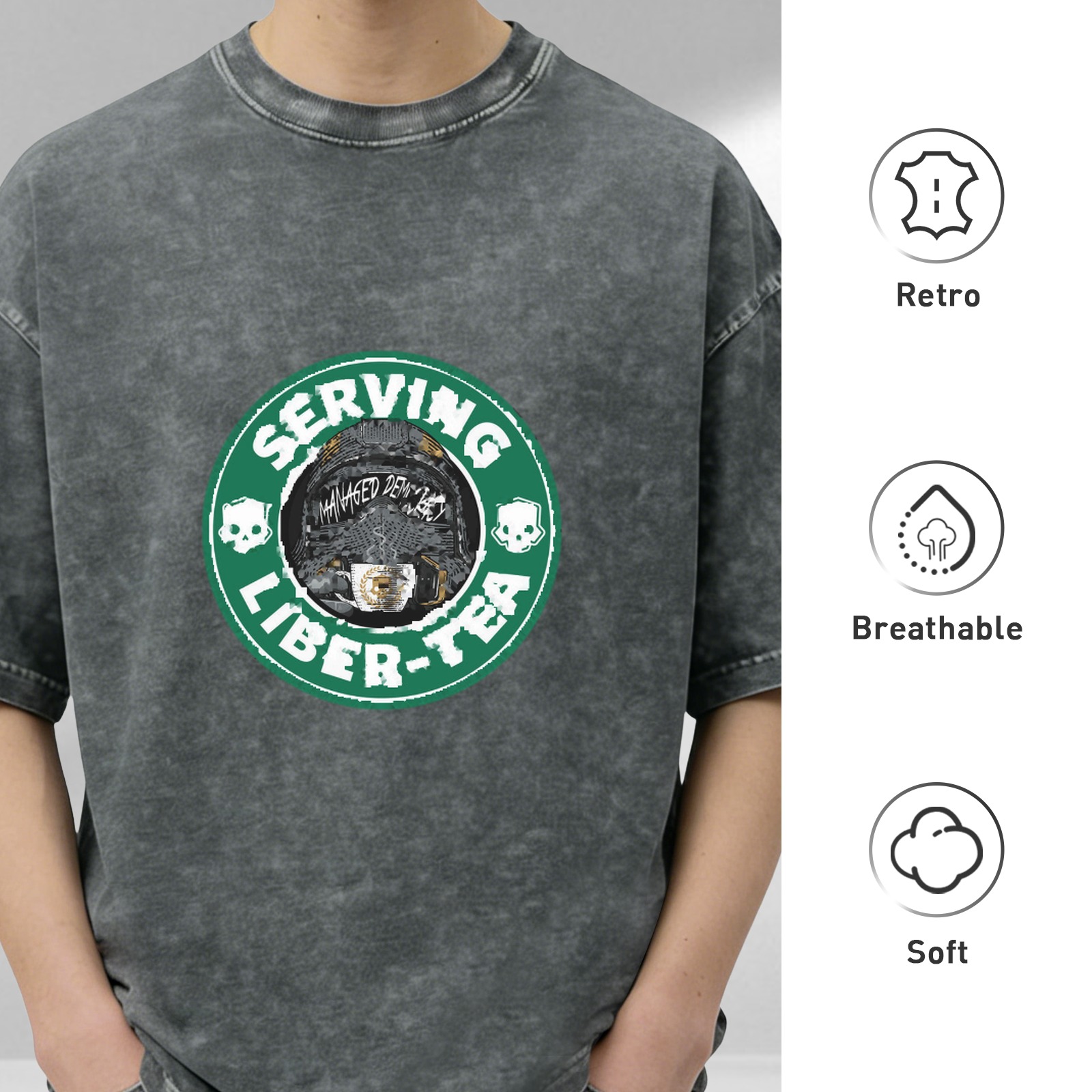 Oversized Acid Wash Graphic T-Shirt with 'SERVING LIBER-TEA' Print