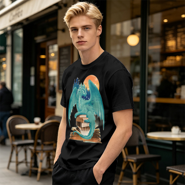 Teal Dragon Perched on Stacked Books Fantasy Graphic T-Shirt