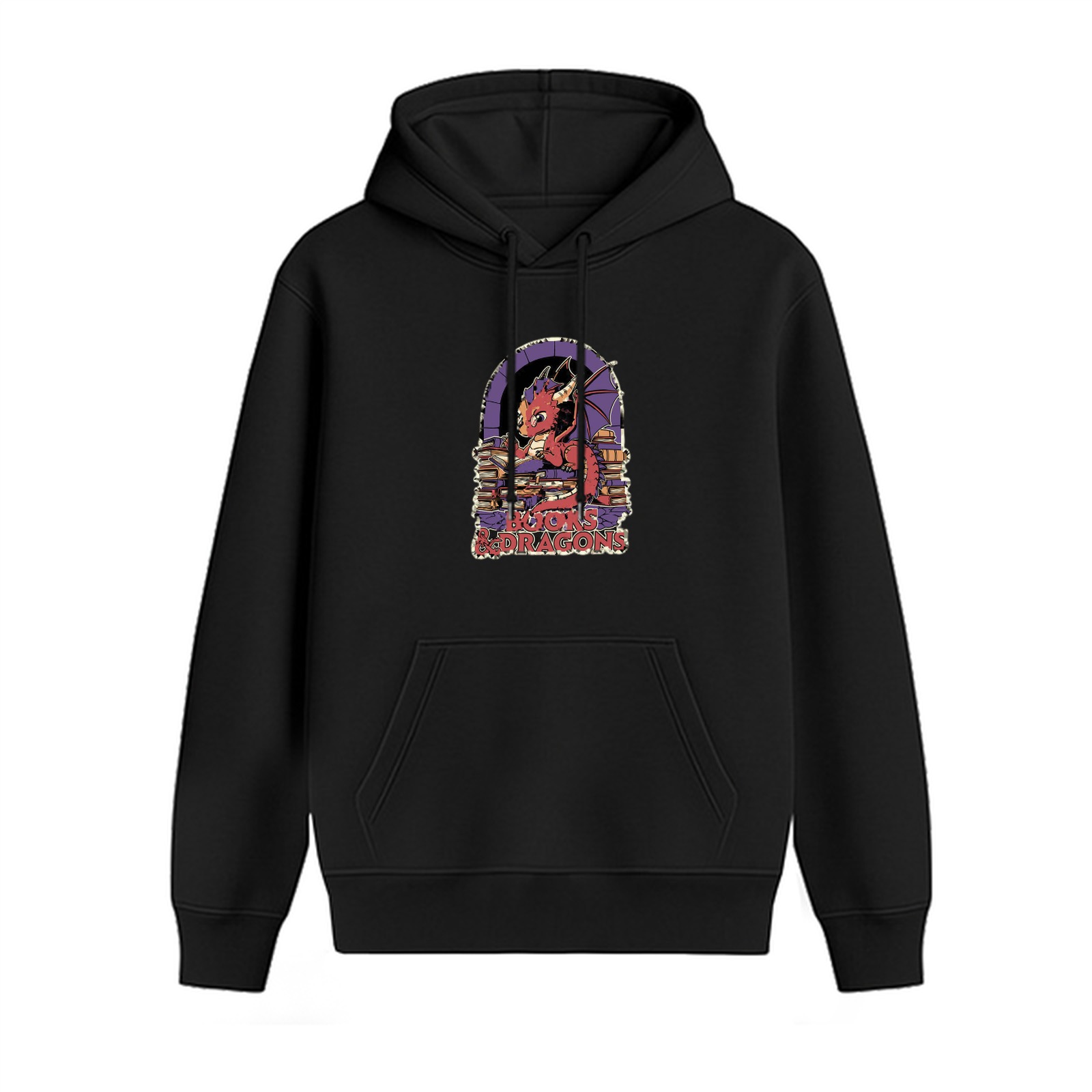 Black Hoodie with Cute Red Dragon Reading Books Graphic