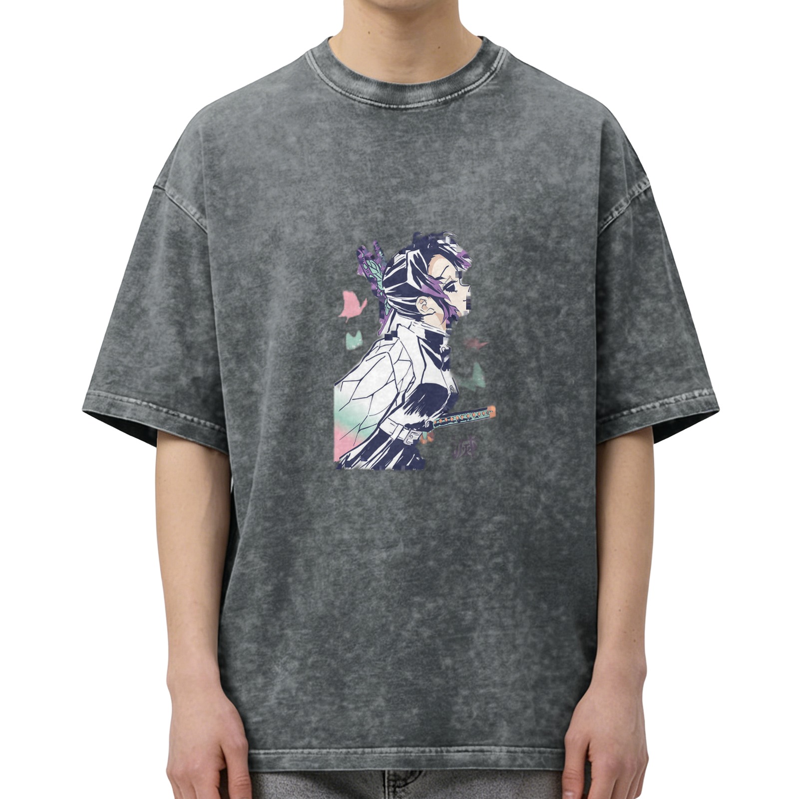 Oversized Vintage Wash Anime Graphic T-Shirt featuring Demon Slayer's Shinobu Kochou with Butterfly Motifs