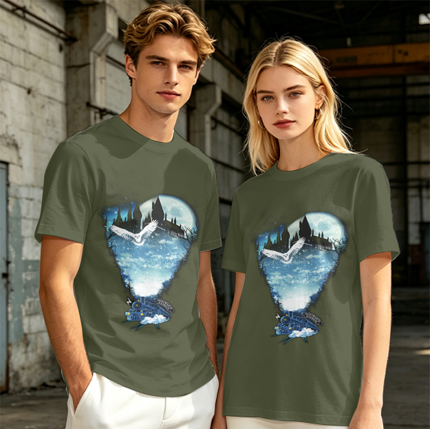 Olive T-Shirt With Magical Castle Owl Night Sky Graphic