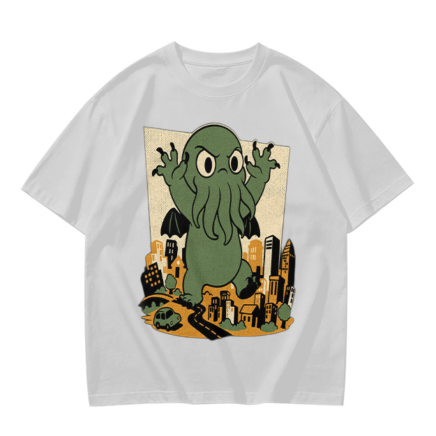 Olive T-shirt with cartoon Cthulhu monster destroying cityscape print