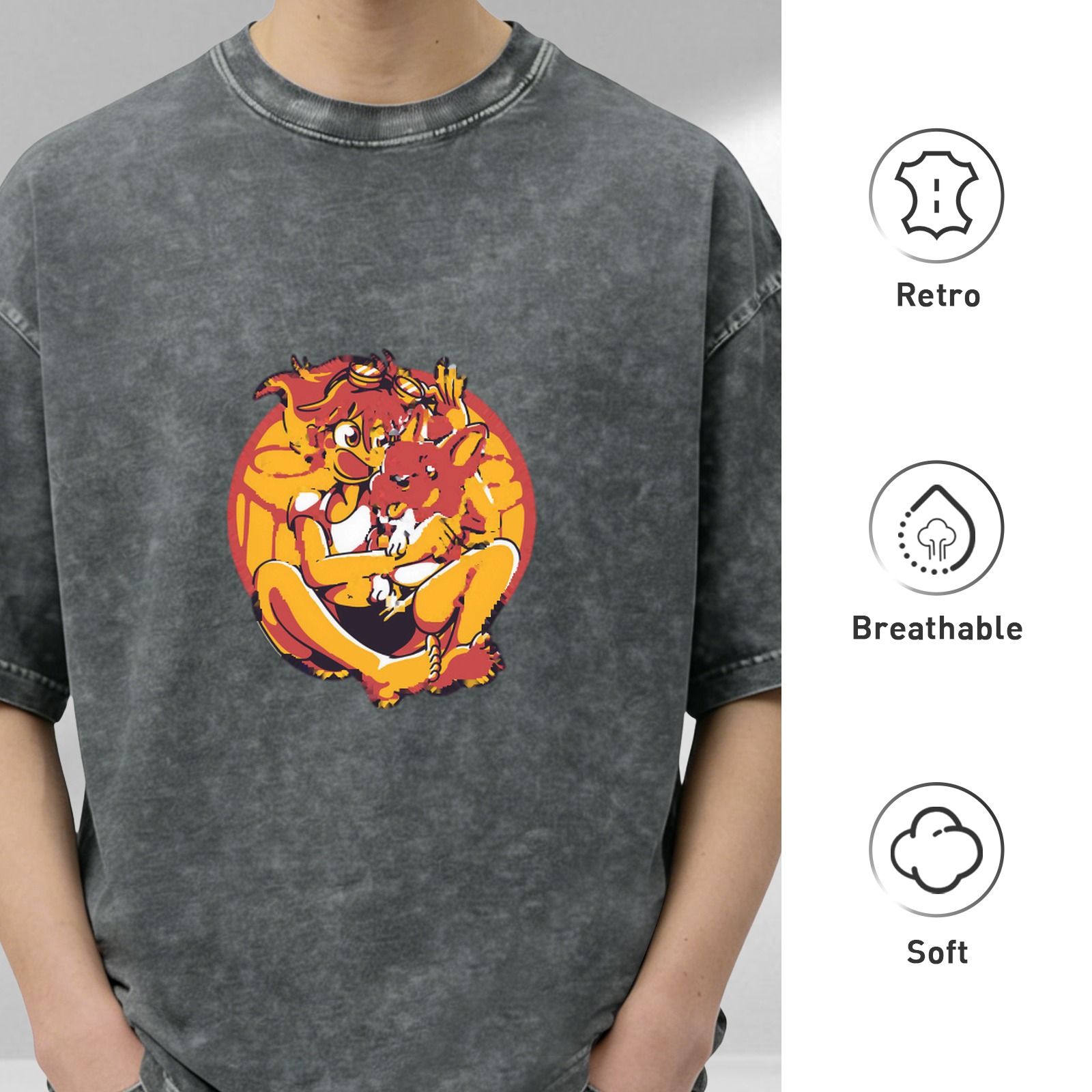 Washed black graphic t-shirt with anime-style character and animal print
