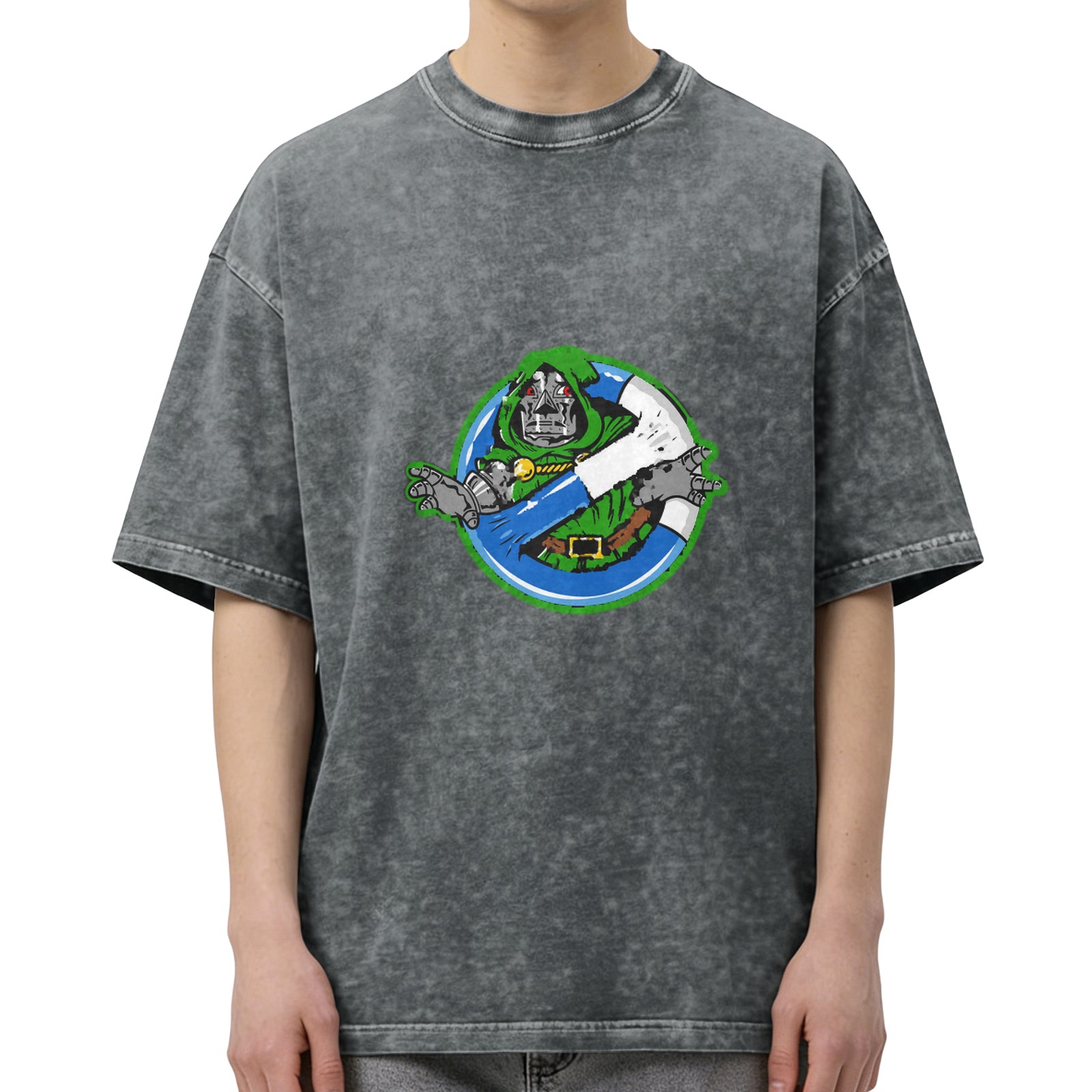 Oversized dark washed graphic tee with Doctor Doom ghostbusters style print