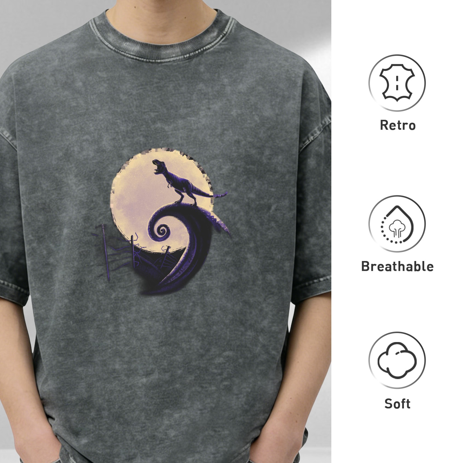 Dinosaur Moon Spiral Graphic Acid-Wash T-Shirt