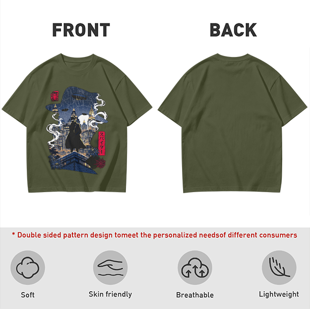 Olive T-Shirt with Night City Rooftop Spy Silhouette Art