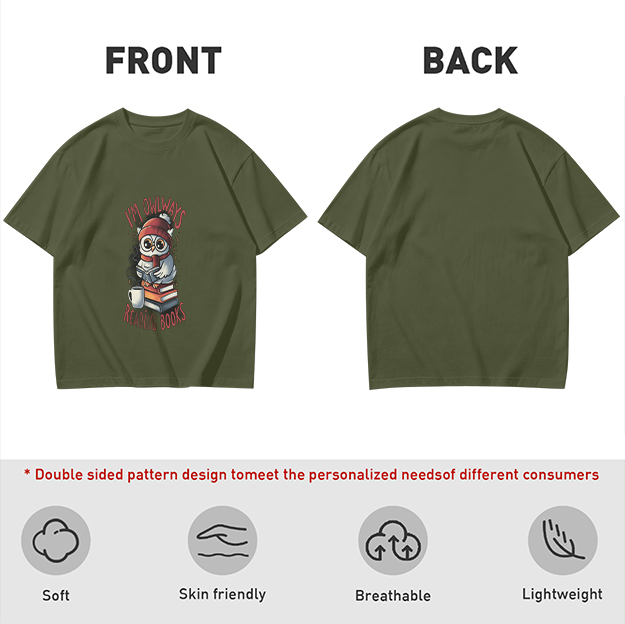 Owl reading books graphic olive green casual t-shirt