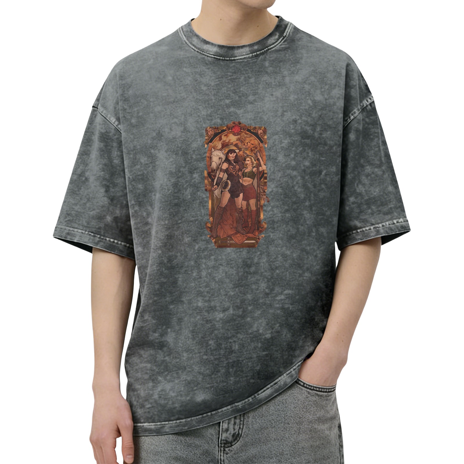 Distressed black printed short-sleeved T-shirt