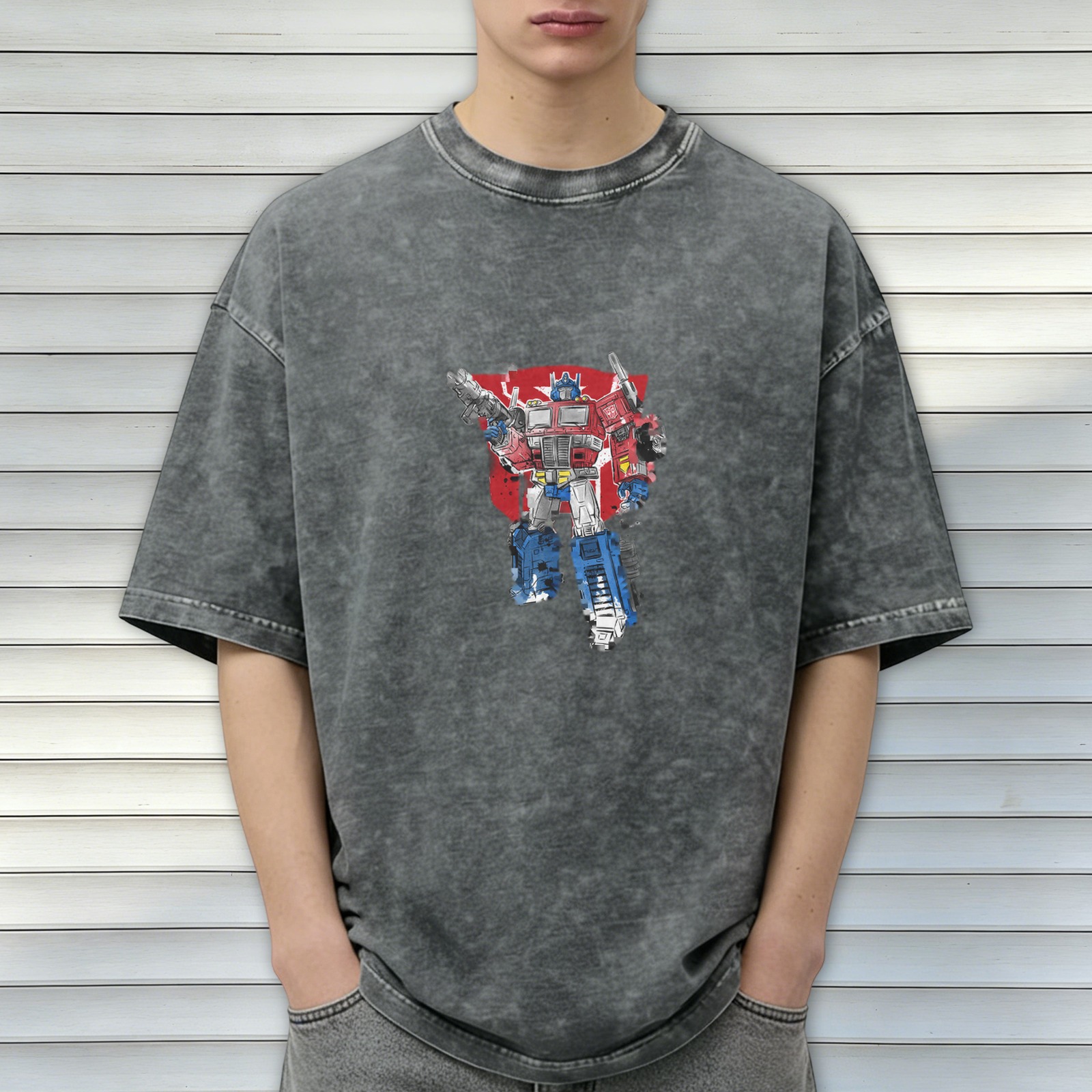 Washed distressed black Optimus Prime graphic short-sleeved T-shirt