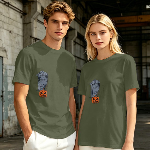 Olive Halloween Graphic T-Shirt with Tombstone and Jack-o'-Lantern