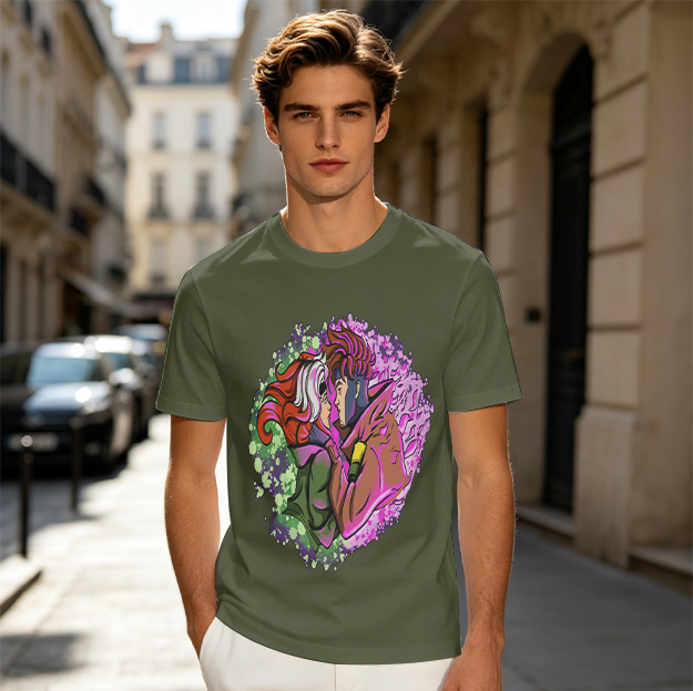 Olive T-Shirt with Gambit and Rogue Superhero Art Print