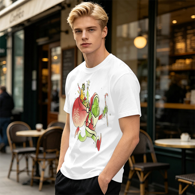 Olive T-shirt with Grinch Santa Christmas Graphic Design
