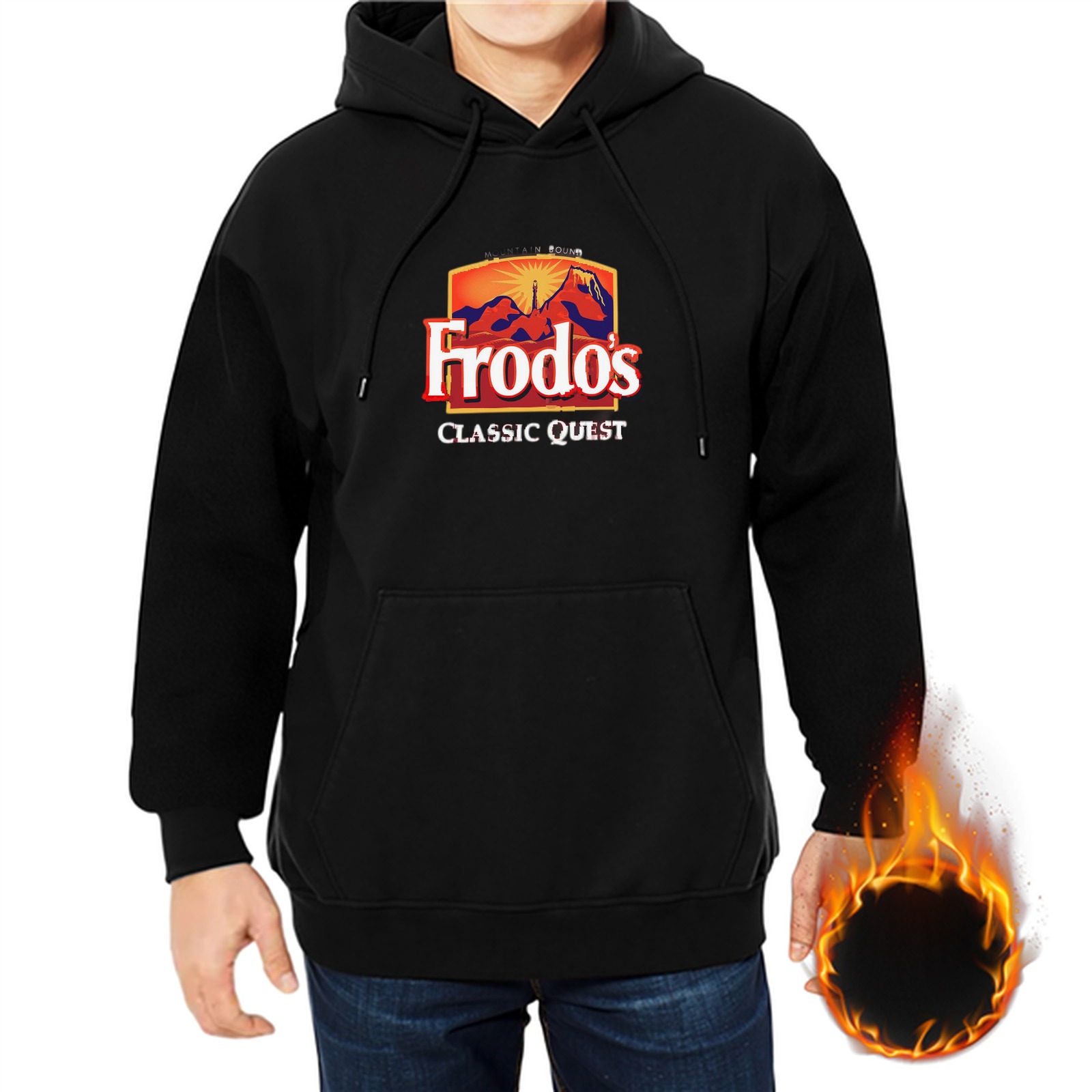 Black hoodie with Frodo's Classic Quest graphic print