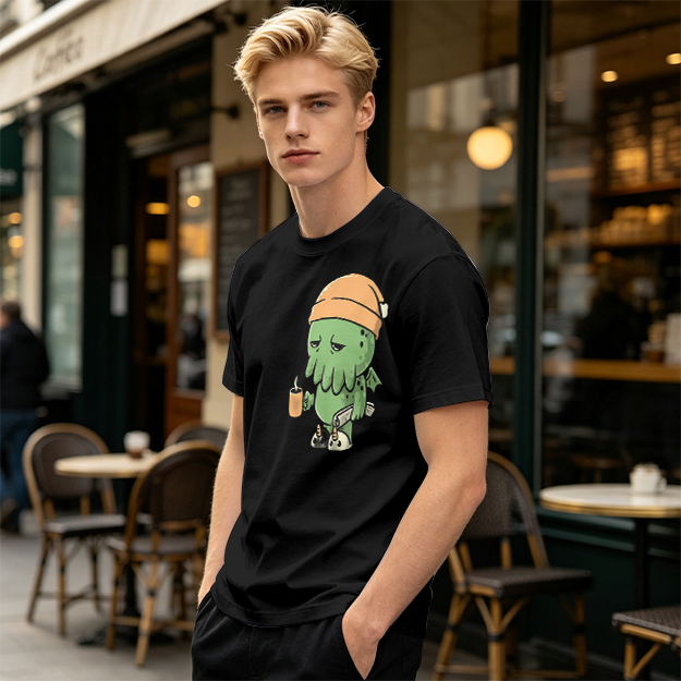 Olive T-Shirt With Sleepy Cthulhu Holding Coffee And Phone