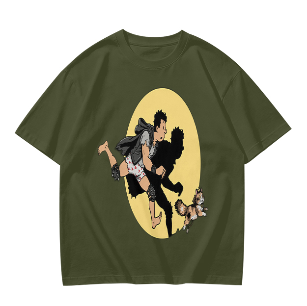 Olive T-Shirt With Cartoon Running Figure And Shadow Print