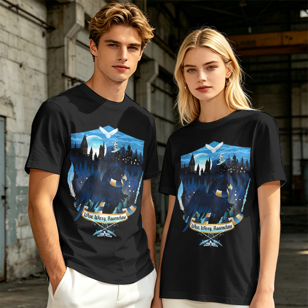Olive t-shirt with Ravenclaw house crest night castle design