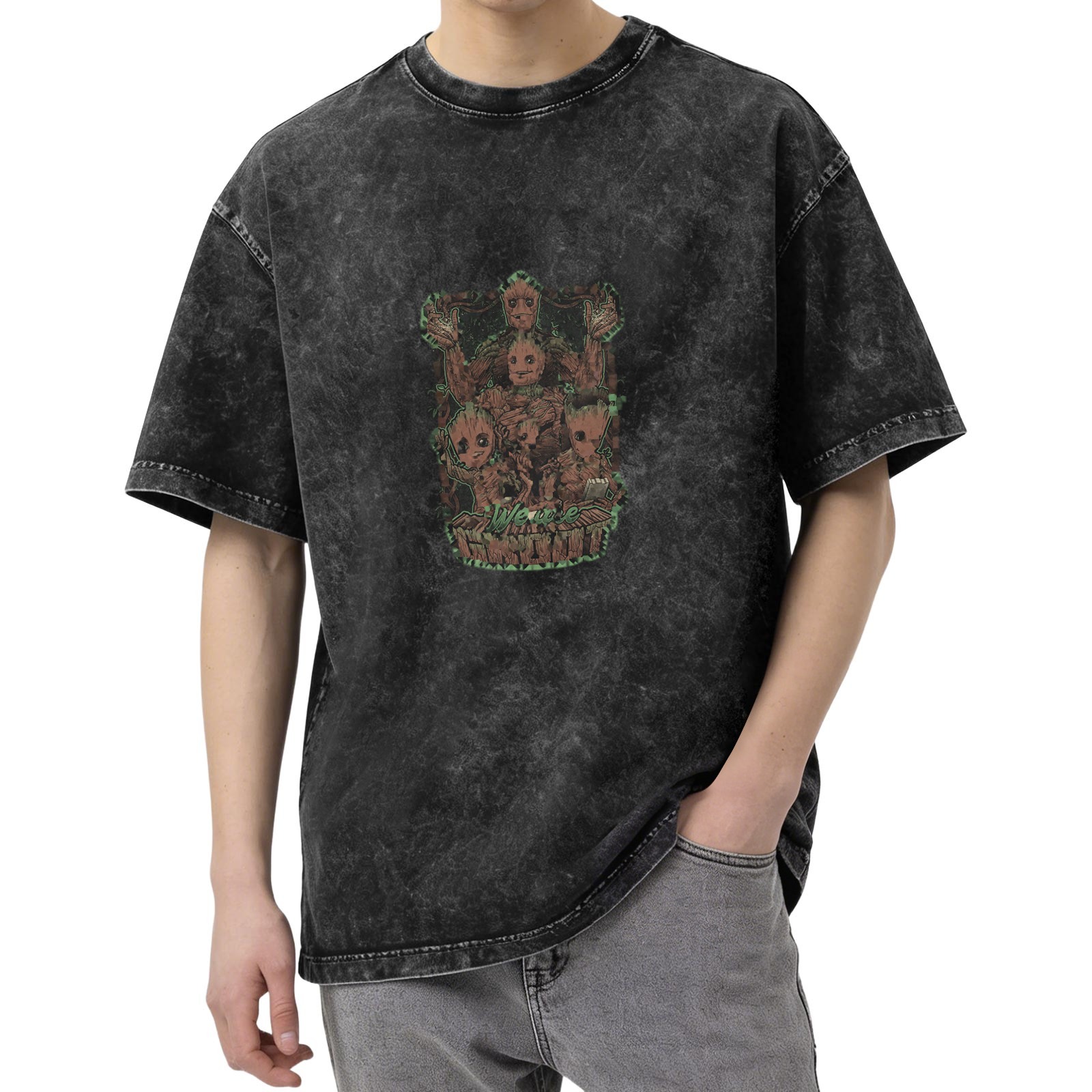 Washed Black Oversized T-Shirt with Groot Character Graphic