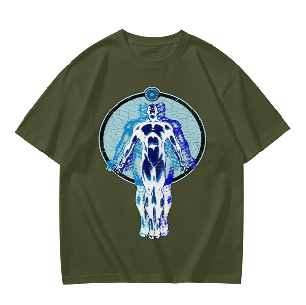 Olive T-Shirt with Glowing Blue Superhero Figure Graphic