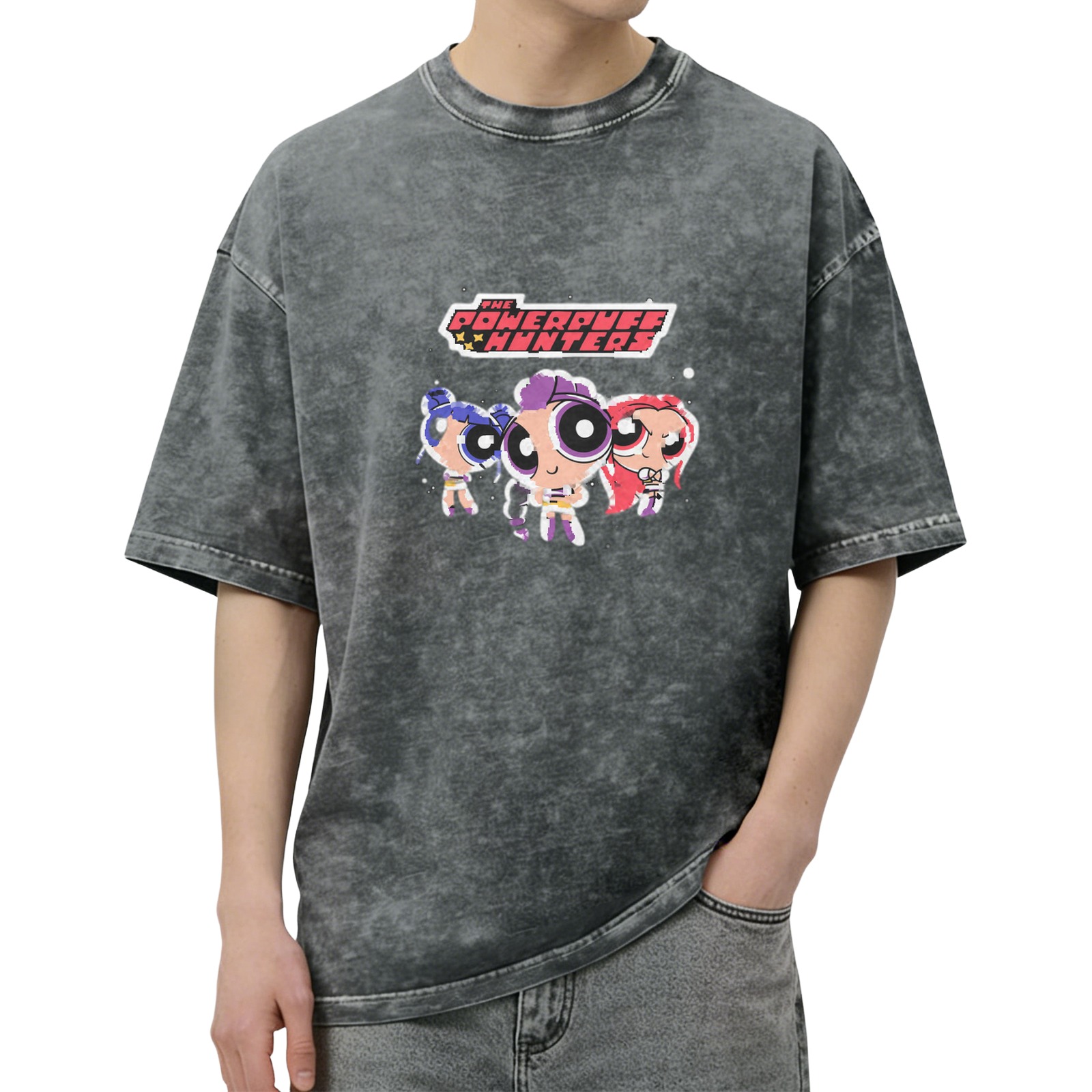 Powerpuff Hunters Graphic Washed Black Oversized T-Shirt