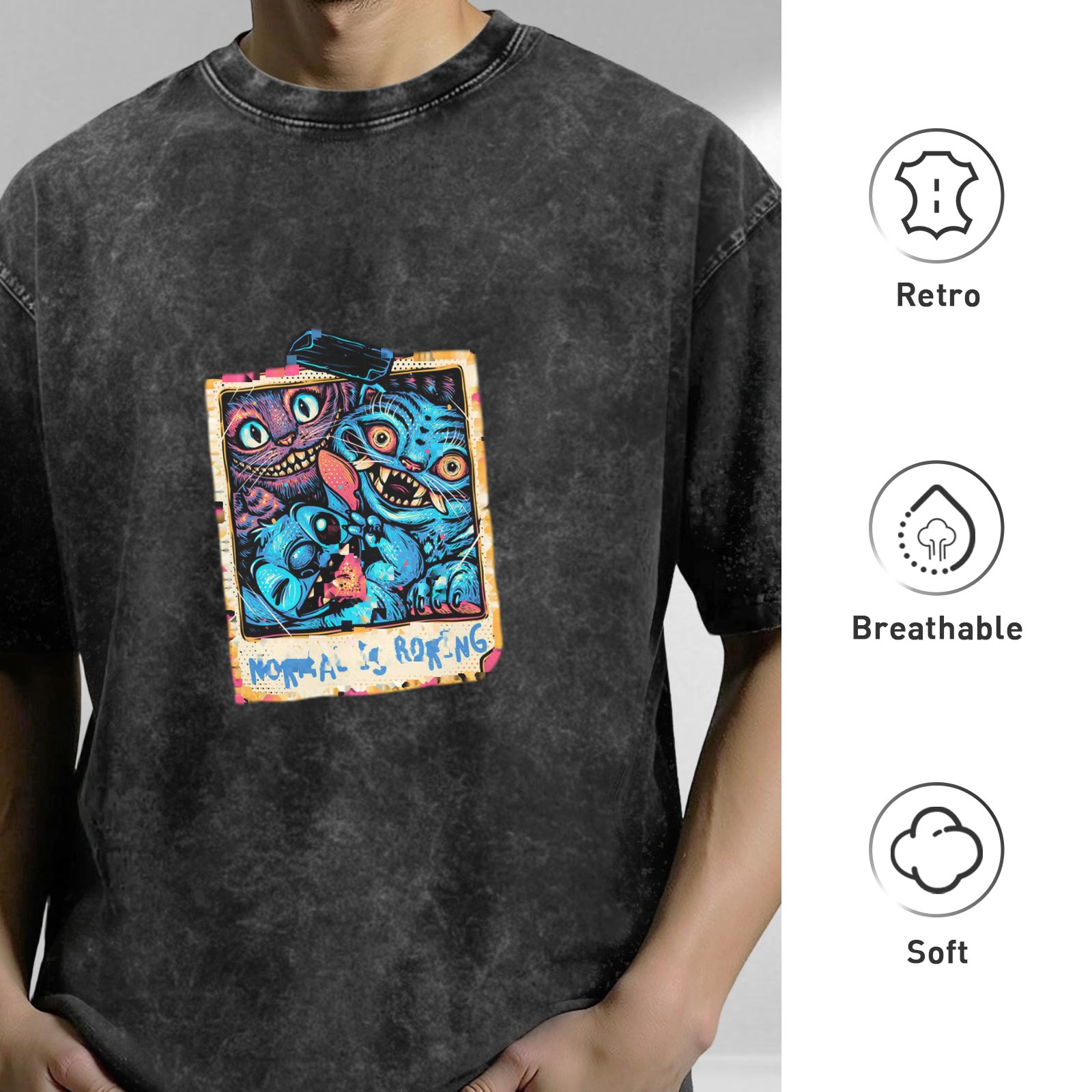 Distressed washed black cartoon print short-sleeved T-shirt Weird character pattern top