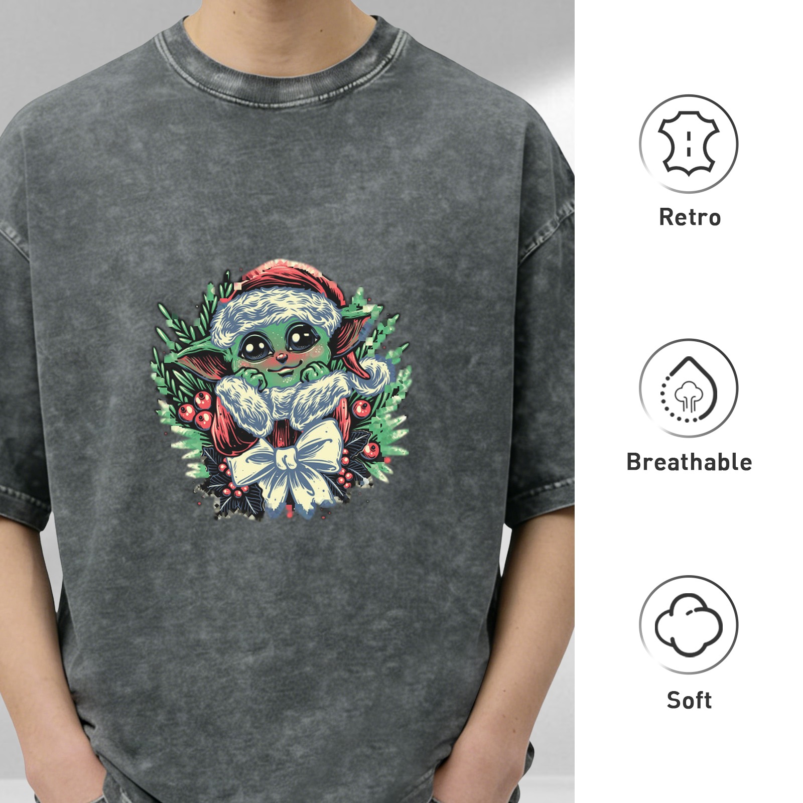 Washed Black T-Shirt With Christmas Baby Alien Graphic