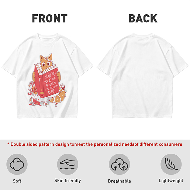 Olive T-Shirt With Ginger Cat Reading Self-Help Book Print