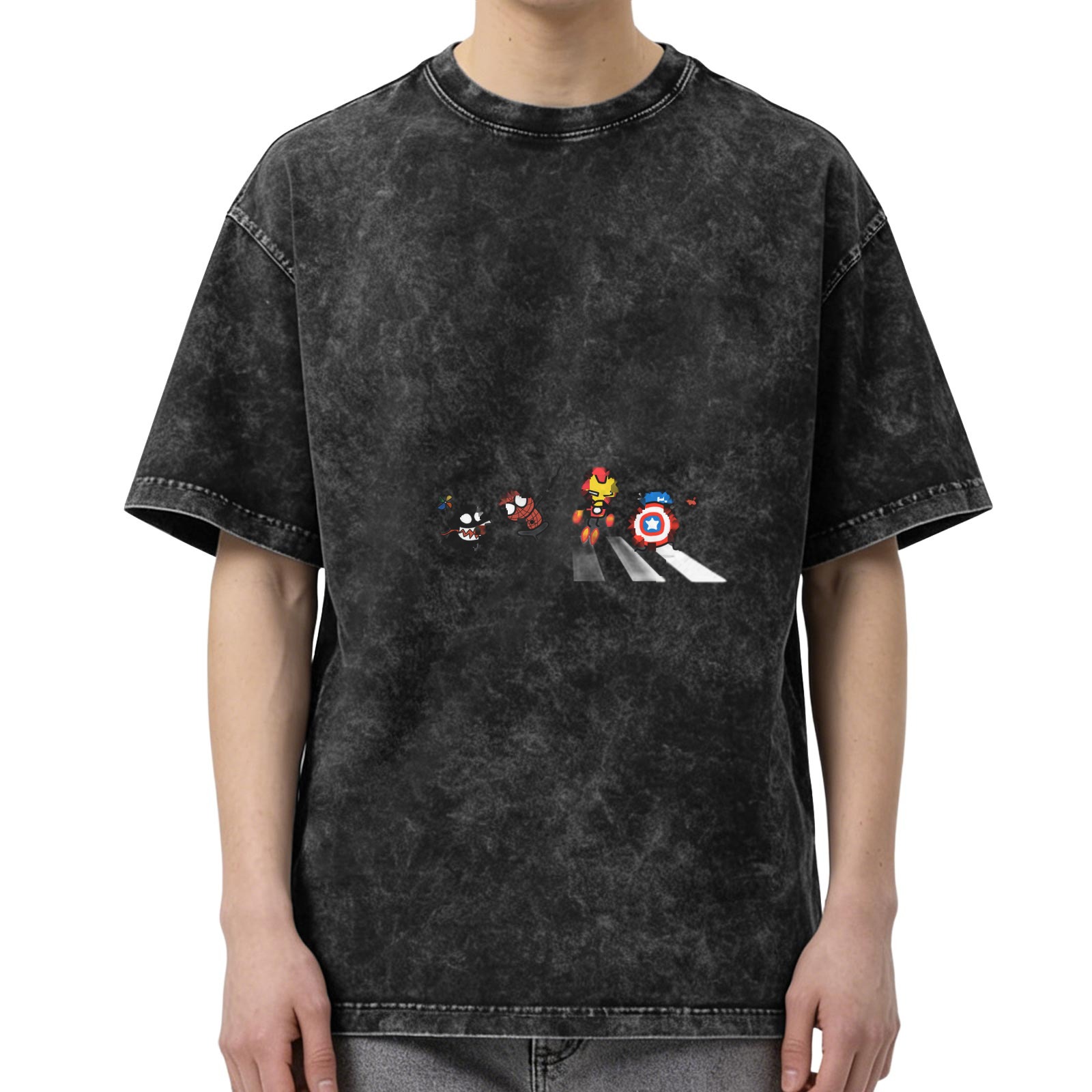 Oversized Dark Wash T-Shirt With Chibi Superheroes Crossing Crosswalk