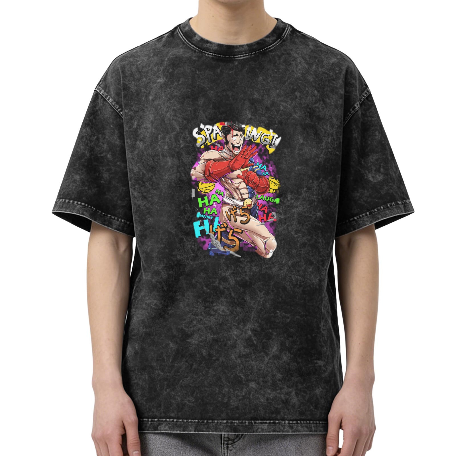 Oversized acid wash t-shirt with anime laughing fighter graphic