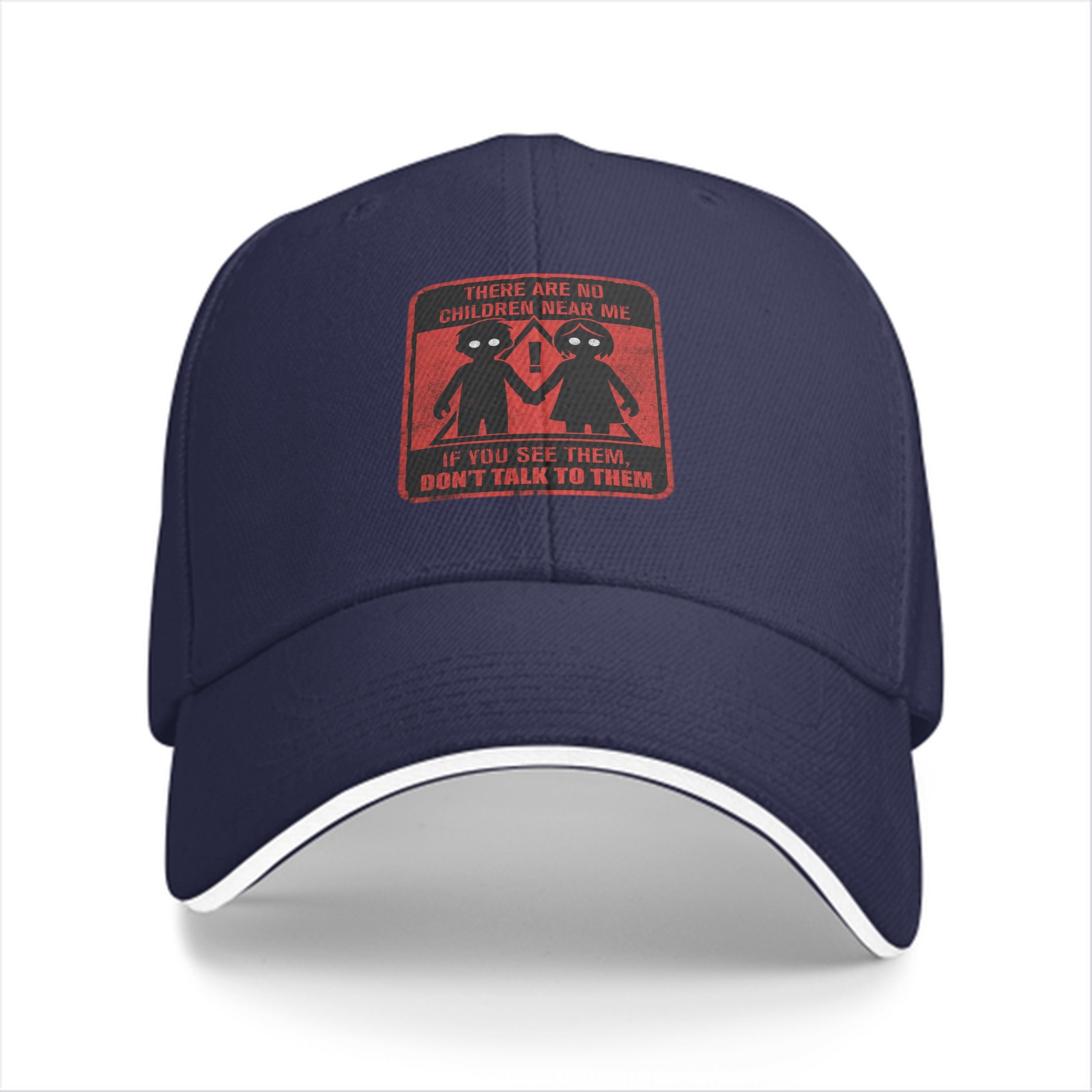 Black baseball cap with warning children graphic and text