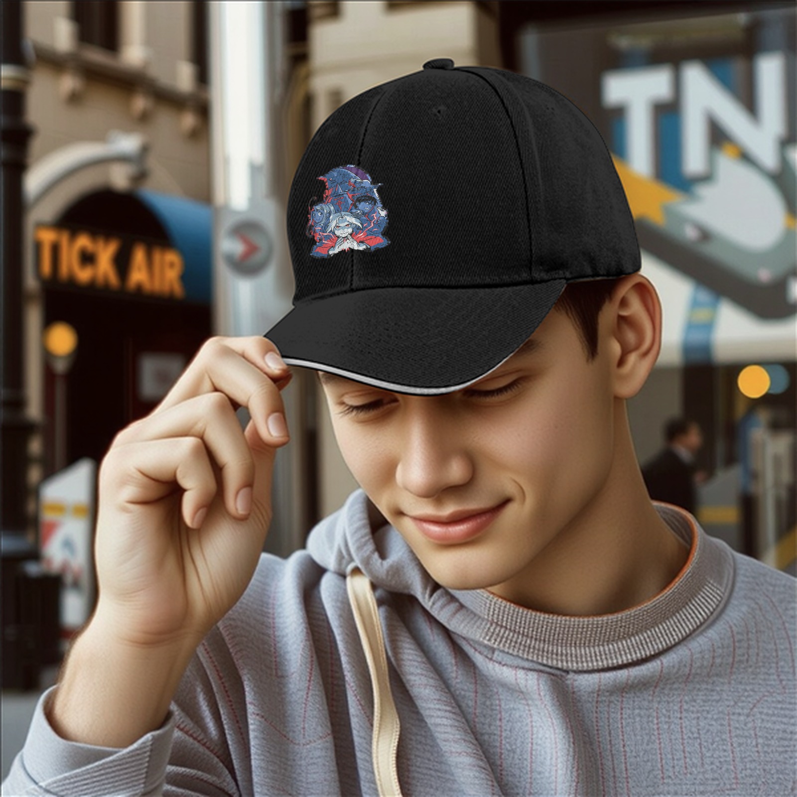 Black Baseball Cap with Dark Anime Character Graphic Print