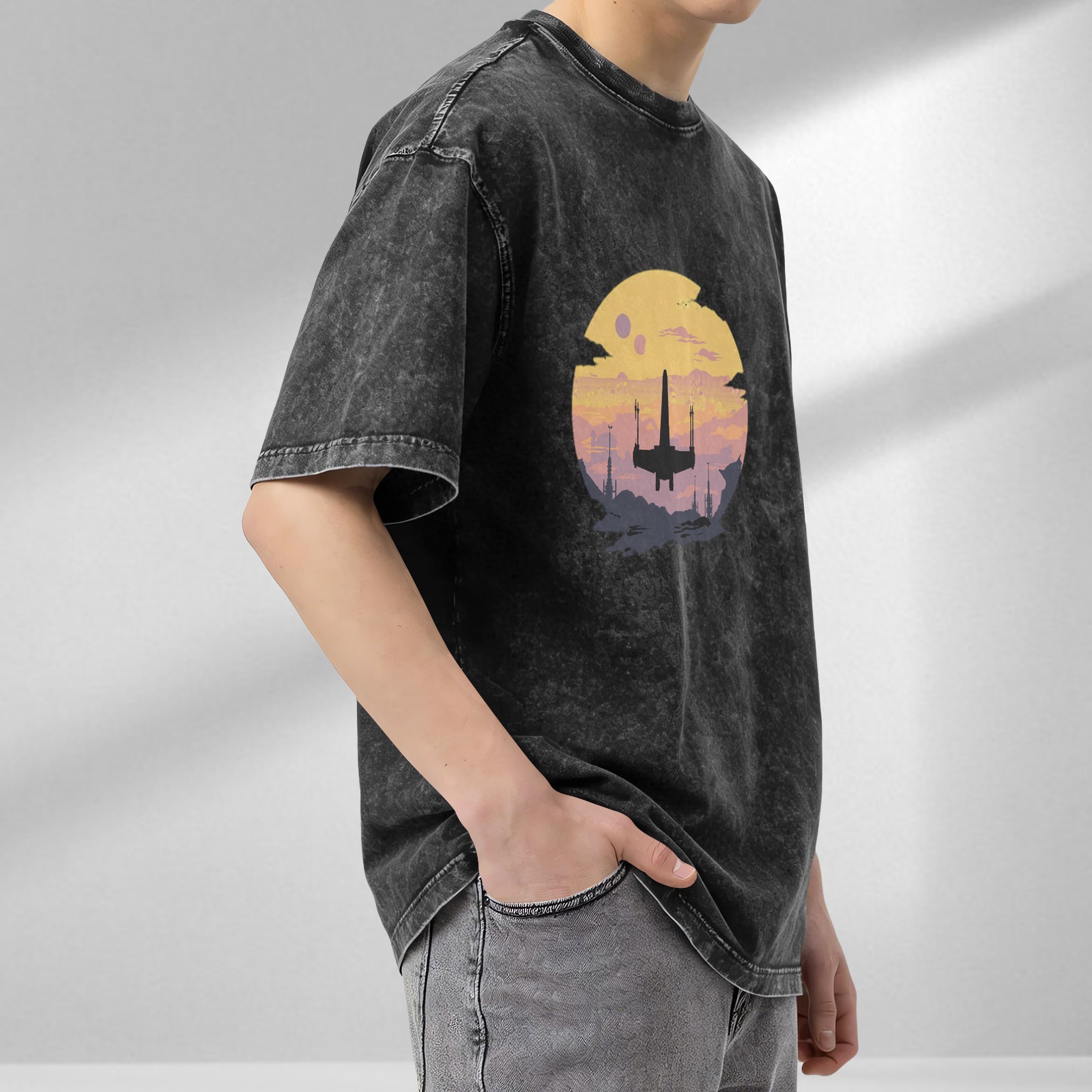 Star Wars X-Wing Sunset Graphic Acid Wash T-Shirt