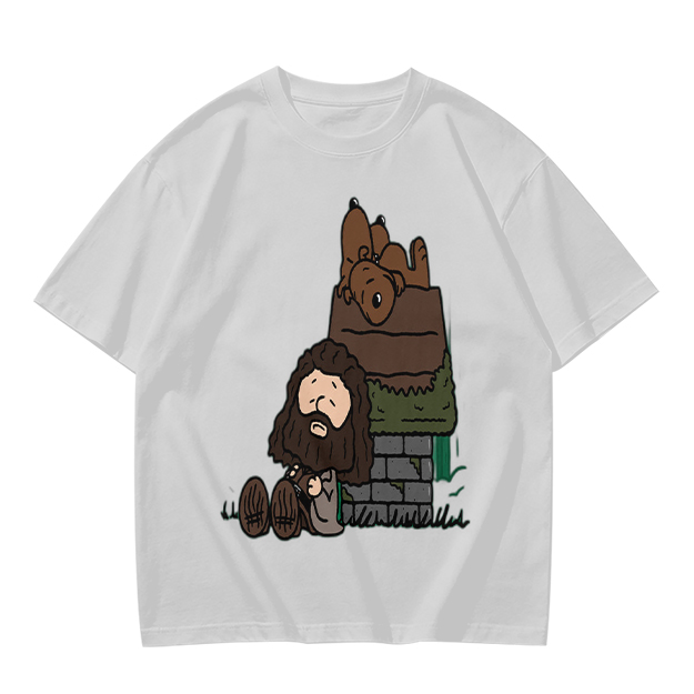 Olive T-Shirt With Cartoon Bearded Man And Doghouse Print
