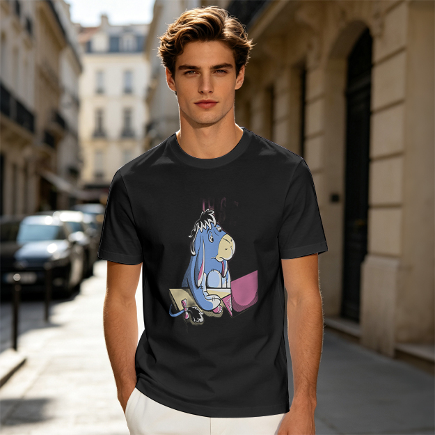 Olive T-Shirt Featuring Eeyore Using a Laptop