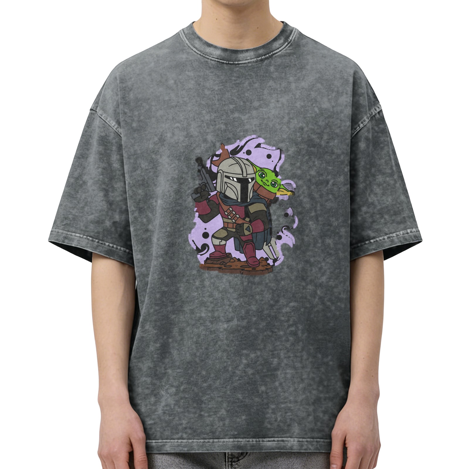 Washed Black T-Shirt with Mandalorian and Child Graphic