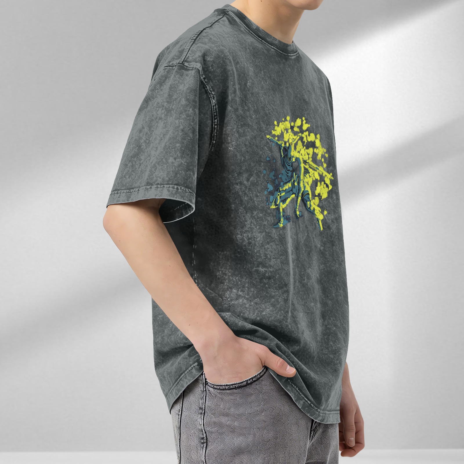 Washed Black Graphic T-Shirt with Neon Splatter Warrior Design