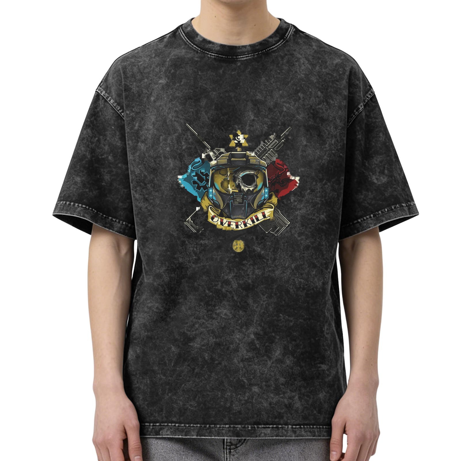 Washed black graphic t-shirt with tactical helmet overkill design