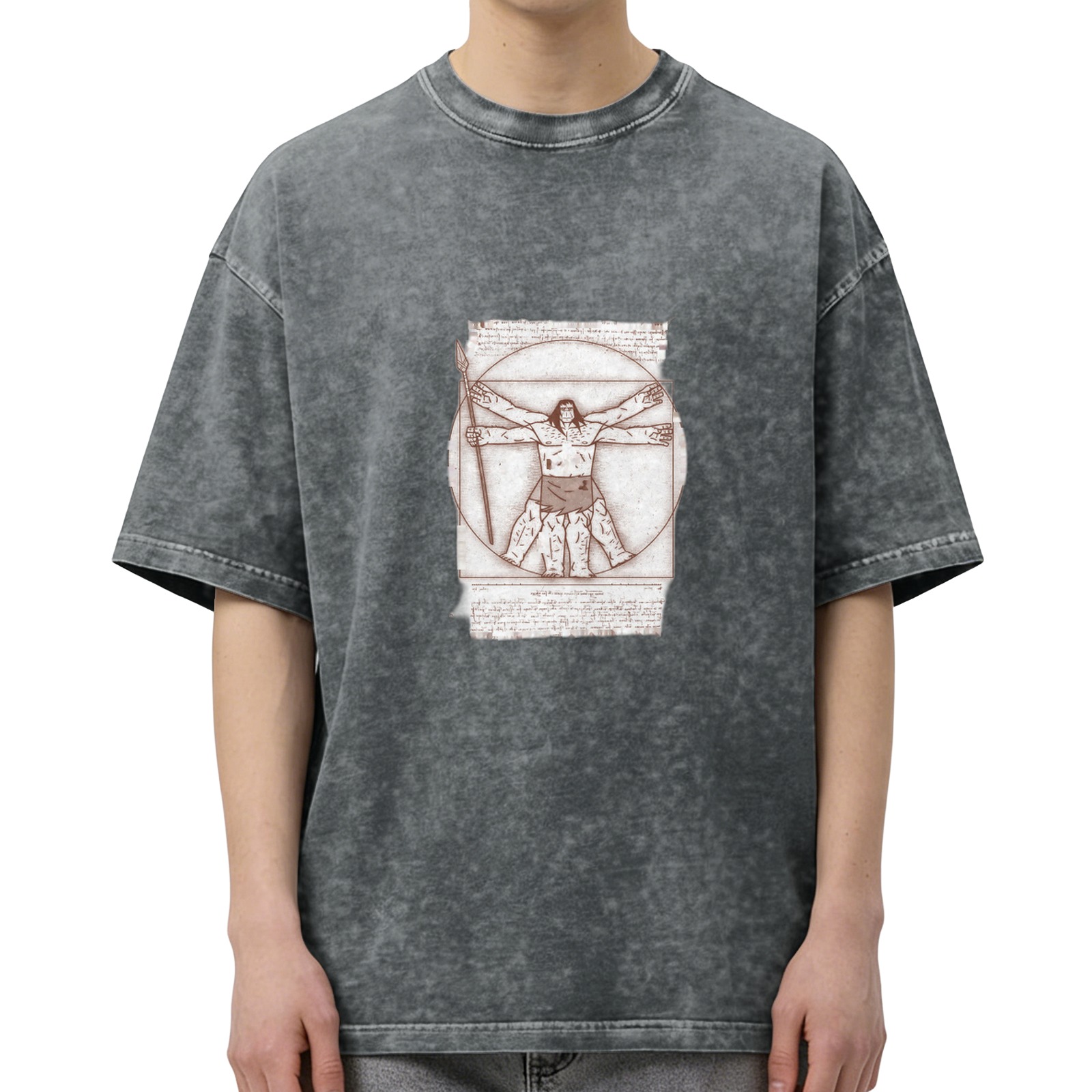 Oversized Acid Wash T-Shirt With Vitruvian Barbarian Print