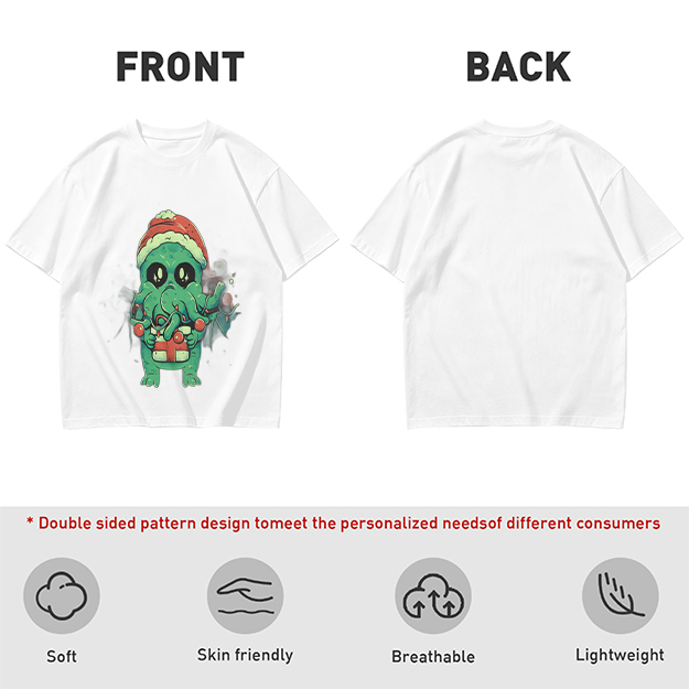Olive Green T-Shirt With Cute Christmas Cthulhu Graphic