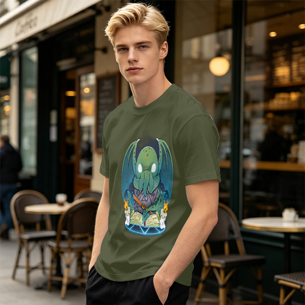 Olive T-shirt with Cute Cthulhu Reading Grimoire Print