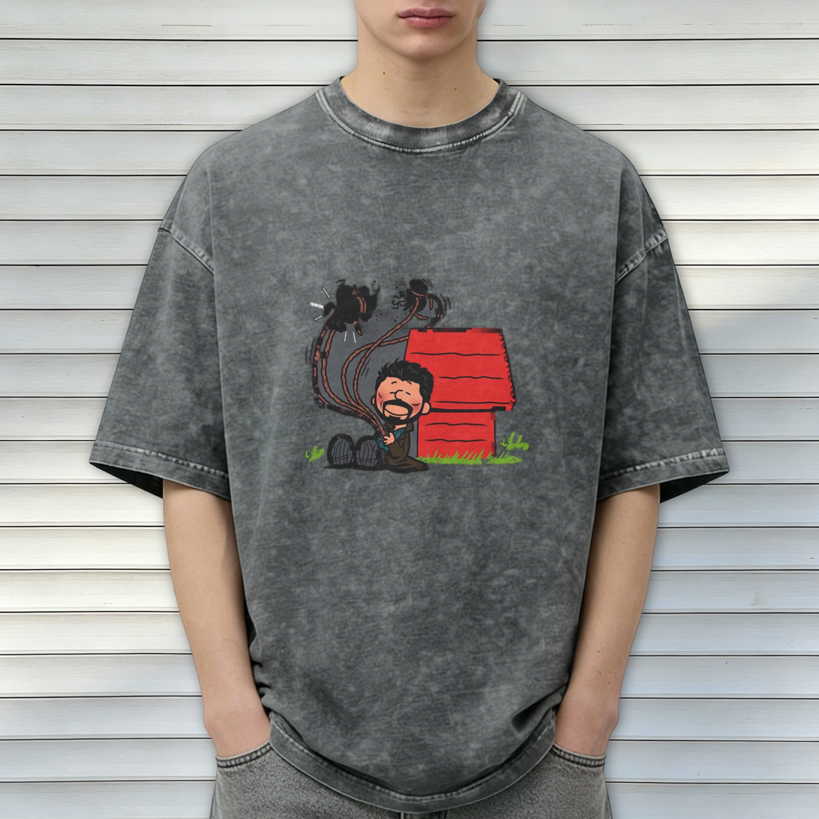 Washed Black T-Shirt With Parody Cartoon Doghouse Graphic